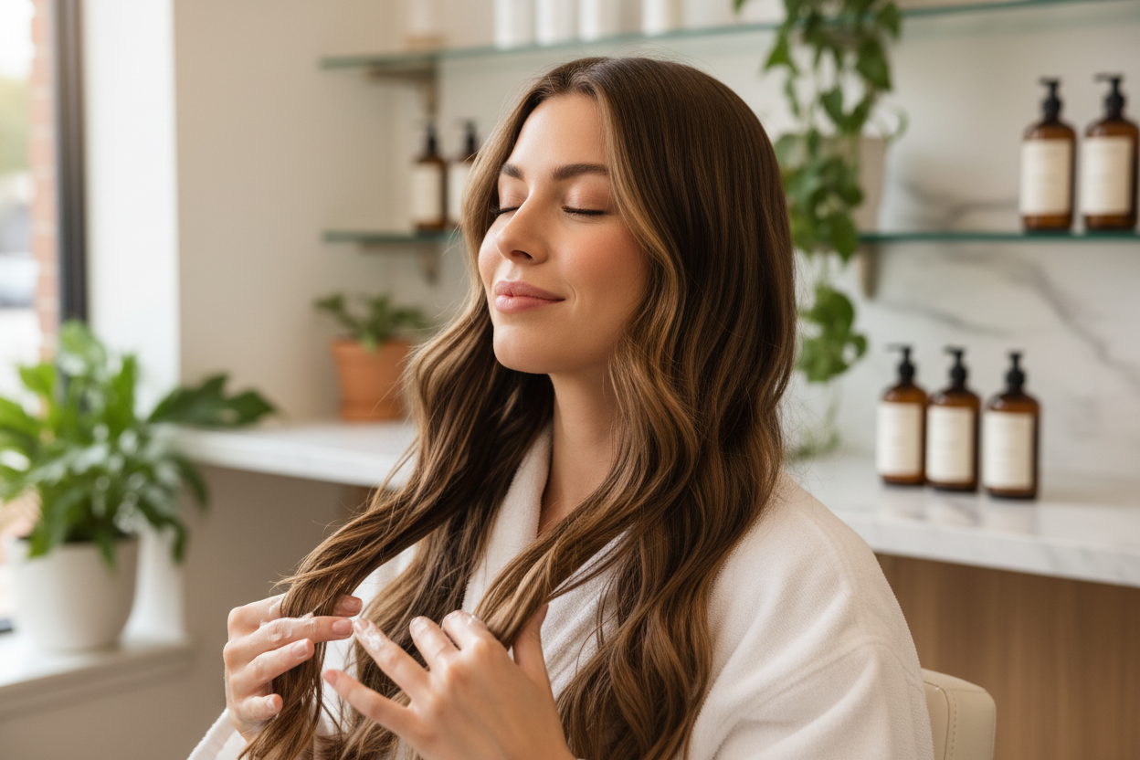 vrouw die hair treatment gebruikt